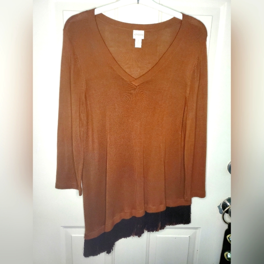 Chicos Asymmetrical Fringe Hem Sweater Size 3 US M Brown V Neck Lightweight Flow